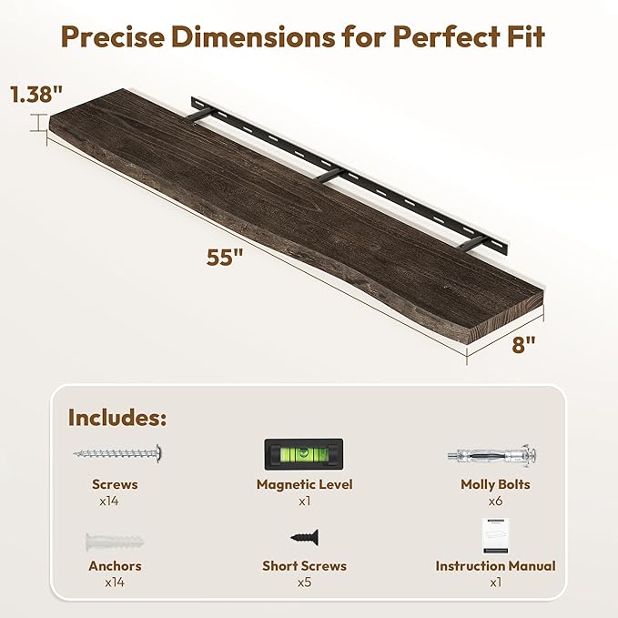 Vivelove Live Edge Floating Shelves 55 Inch Elm Wood, Rustic Farmhouse Wall Shelf with Invisible Bracket for Living Room Bedroom Bathroom Office Book, 55x8x1.4- Set of 1 - Dark Walnut