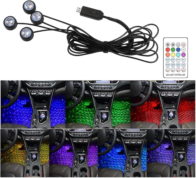 Car Interior LED Lights, 4 in 1 RGB Smart APP & Remote Control Vehicle Under Dash Neon Ambient Lighting with USB Port, Music Sync Auto Footwell Lamp, Universal for Truck SUV Sedan
