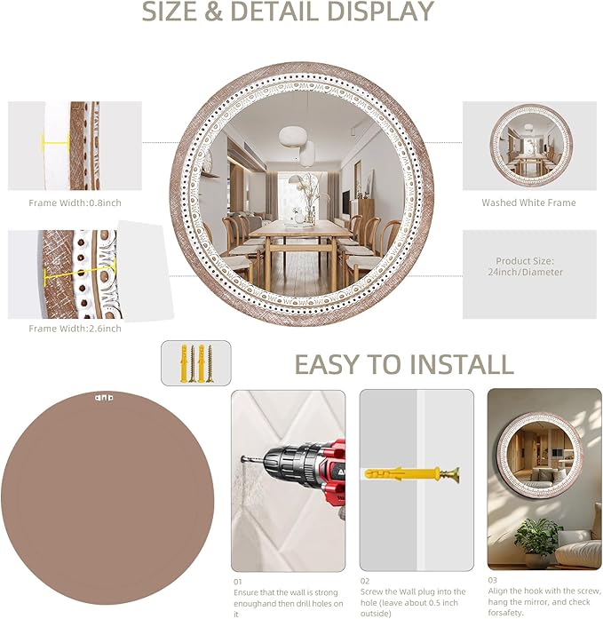 Reflinto 24 Inch Boho Wooden Round Mirror for Wall Decor, Rustic Farmhouse Circle Mirrors Decorative for Bathroom Over Sink, Living Room, Entryway, Hallway