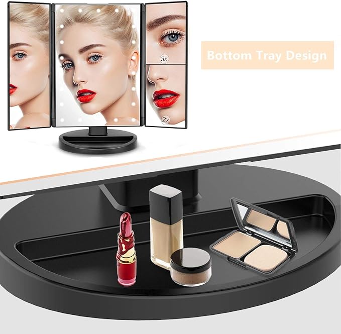 Flymiro Tri-fold Lighted Vanity Makeup Mirror with 3x/2x Magnification,Light up Mirror for Makeup,Touch Screen 21 LEDs,180° Rotation Countertop Cosmetic Mirror,Gifts for Women Mom Teen Girls