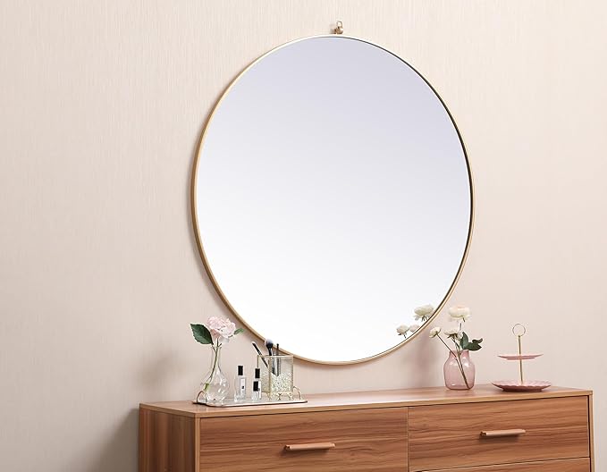 Brilliance, Metal Frame Round Mirror with Decorative Hook 45 Inch in, Midcentury Modern, Brass