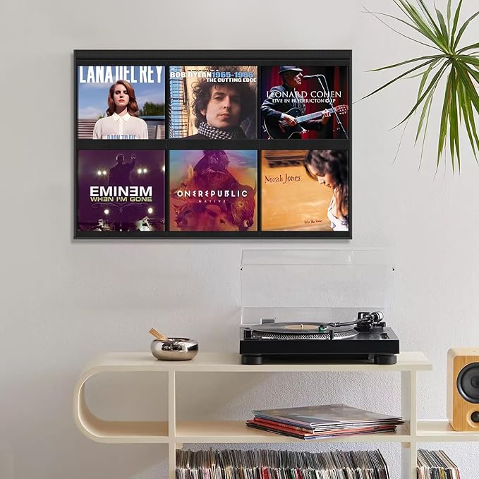 ALSLEA Vinyl Record Wall Shelf - 6 Pocket Oxford Fabric Grid Organizer for 12" LP Covers, No Tools Mounting, Modern Record Display