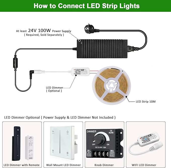 JOYLIT 24V 32.8FT/10M COB LED Strip Lights 120° 2700K Warm White Indoor 384LEDs/M High Density 7650LM Super Bright CRI 90+ Dotless Adhesive LED Tape Light for Bedroom, Kitchen, Commercial