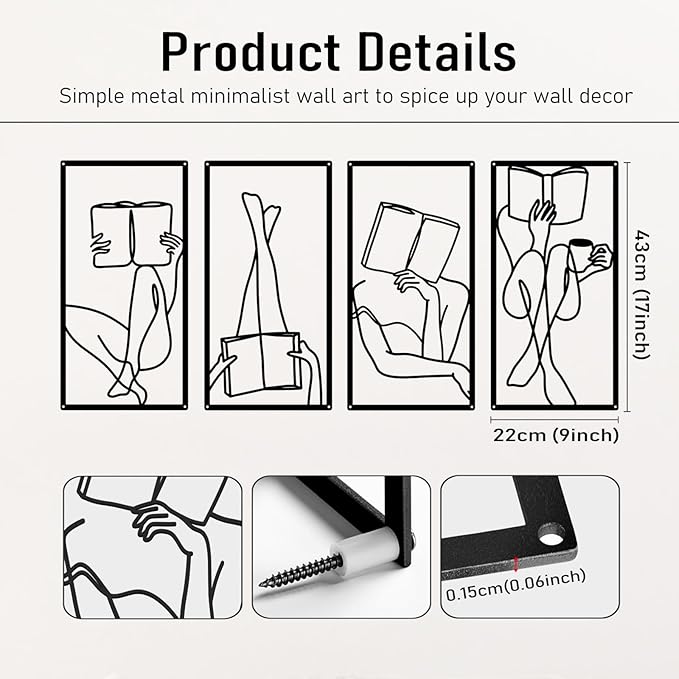 Bakovity Black Metal Wall Art, Minimalist Line Wall Decor, Abstract Woman Book Wall Decor, Modern Aesthetic Metal Art for Bedroom Bathroom Living Room (4 Pcs, 17 x 9 in)