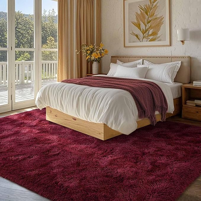 FinRèc 8x10 Feet Red Rug for Living Room Bedroom, Fluffy Shag Area Rug, Non-Slip Plush Fuzzy Rugs for Nursery Kids Room Dorm Room Home Decor, Indoor Furry Floor Carpet
