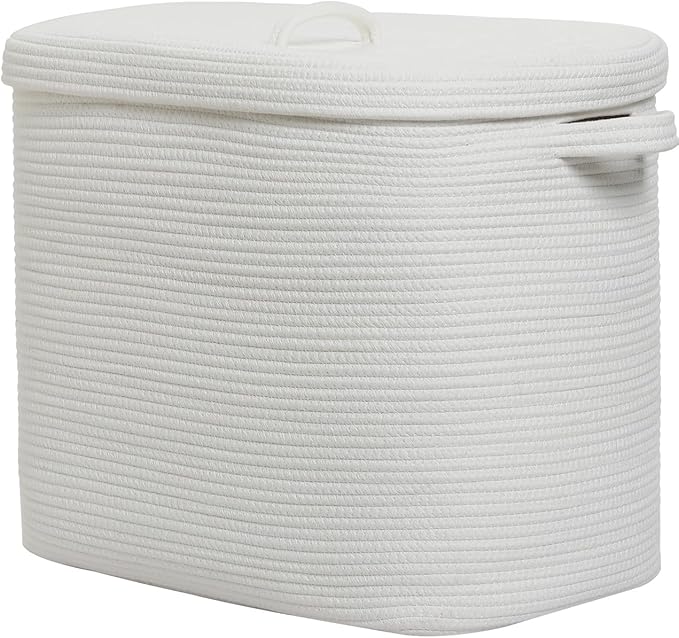 22"x14"x18" Rectangular Extra Large Storage Basket With Lid, Large Cotton Rope Storage Basket, Woven Laundry Hamper, Cloth Storage Bin, for Clothes Towels Blankets in Living Room, All White