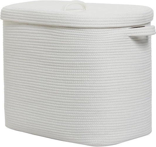 22"x14"x18" Rectangular Extra Large Storage Basket With Lid, Large Cotton Rope Storage Basket, Woven Laundry Hamper, Cloth Storage Bin, for Clothes Towels Blankets in Living Room, All White