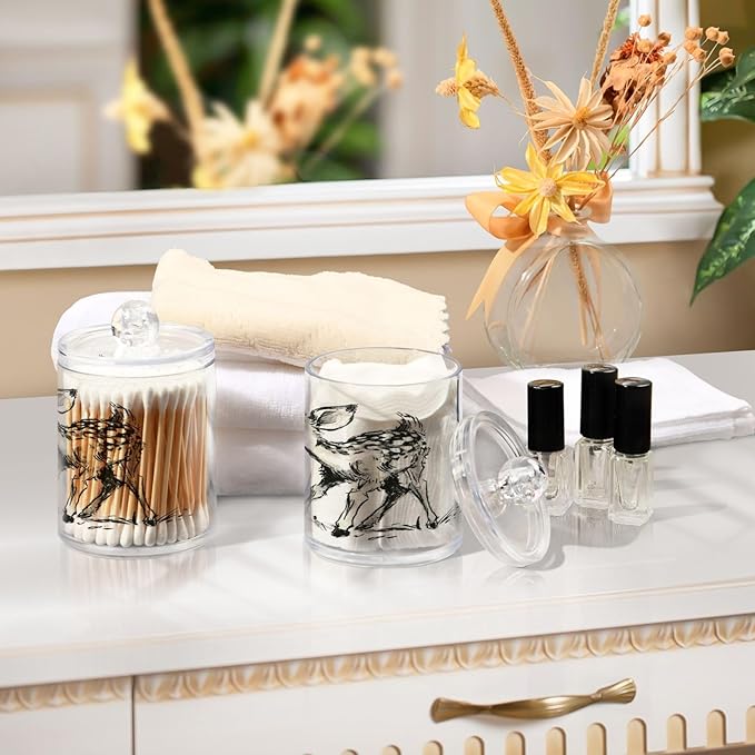 2 Pack Apothecary Jars,Fawn Holding Blossom Bathroom Vanity Storage Organizer Set,Small Clear Plastic Storage Jars Bathroom Canister for Cotton Swabs,Rounds,Balls,Qtips,Makeup Sponges