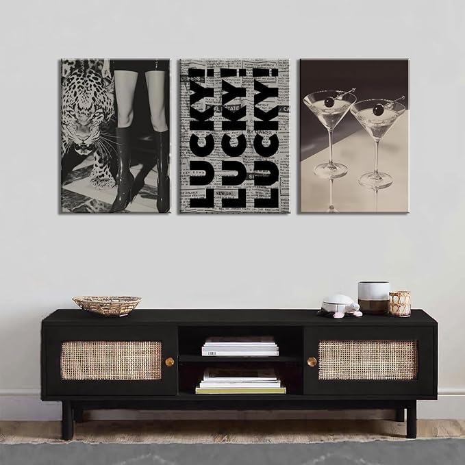 Trendy Leopard Canvas Wall Art Fashion Cheetah Lucky Martini Wall Decor Pictures Funky Vintage Preppy Luxury Aesthetic Posters Prints for Girly Bedroom Apartment Dorm Decoration 12x16in