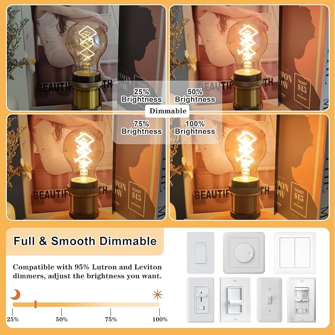 BLINGCOLOR A19 Vintage LED Edison Bulbs 40 Watt, Dimmable E26 LED Edison 2200K Warm Light Bulbs, 4W Equal 40 Watt Incandescent Bulbs, 4 Pack Decorative Antique Spiral Amber Light Bulbs, 300LM, CRI90+