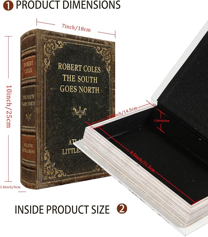 Vintage Faux Leather Decorative Book Box – Wooden Secret Storage Box with Magnetic Closure, Hidden Organizer for Bookshelf, Desk, or Office Decor (The South Goes North)