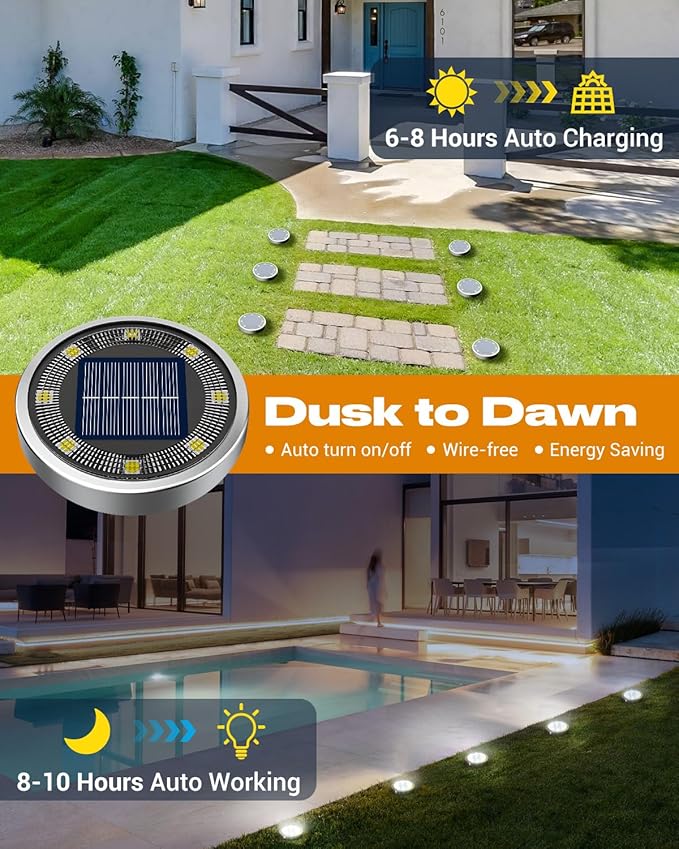 btfarm 4 Pack Solar Lights Outdoor, 8 LED Solar Ground Lights IP65 Waterproof Flat Solar Disc Light, Pathway Lights for Garden Lawn Patio Yard Path Landscape, Cool White