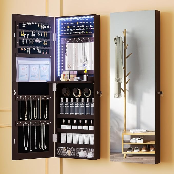 Wall-Mounted Full-Length Mirror with Storage Cabinet & Jewelry Organizer - Illuminated Makeup Locker for Bedroom, Dressing Room, or Bathroom - Stylish & Functional Design