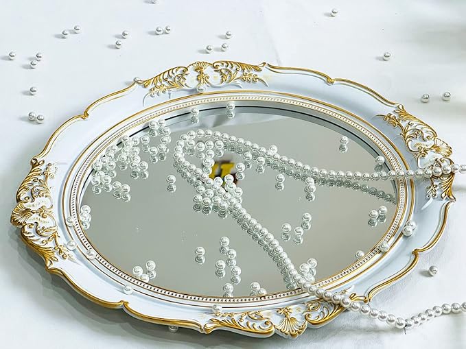 Vintage Carved Decorative Wall Mirror, Hanging Mirror for Dresser Decor Bedroom Living-Room, Cosmetics Jewelry Dresser Organizer Tray (15”x 13.4”) (White-Oval)