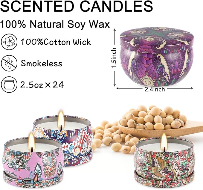 Scented Candles Gifts Set 24 Pack Soy Wax Travel Tin Advent Candles for Home 2.5 OZ jar Candles for Mom for Christmas, Birthday, Thanksgiving, Mother's Day.