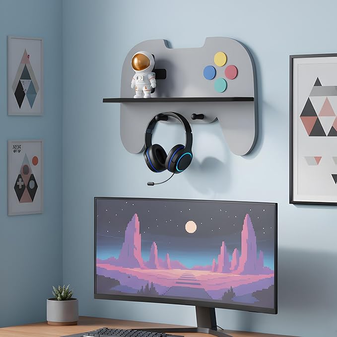 Game Room Decor Gaming Floating Shelf for Wall - Retro Controller Shaped Wooden Display Rack with Hooks for Controllers and Headphones, Gray, Gaming Room Organizer for Boys and Teens