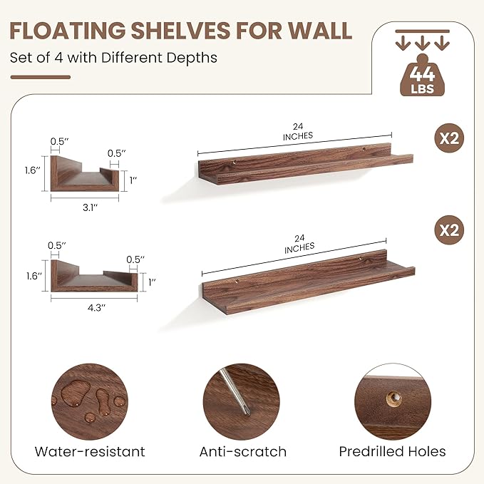 Fun Memories Picture Ledge Shelf, Floating Shelves Set of 4, 24 Inch Picture Shelves for Wall with Ledge, Large Nursery Book Shelf for Toys Storage, Living Room, Bedroom Decor Frames, Walnut