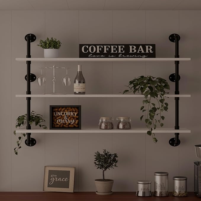 HDDFER Industrial Pipe Shelving Rustic White Pipe Wall Shelves Industrial Shelves with Wood Planks Floating Shelves 48 Inch Farmhouse Bathroom,Kitchen Shelving Wall Mounted