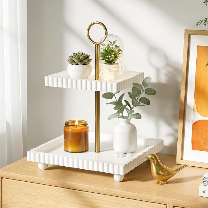 Wooden Two Tiered Tray Stand for Decor, Modern 2 Tier White Rectangular Decorative Tray with Gold Handle Farmhouse Countertop Serving Display Stand for Home Kitchen Coffee Bar Table Centerpiece
