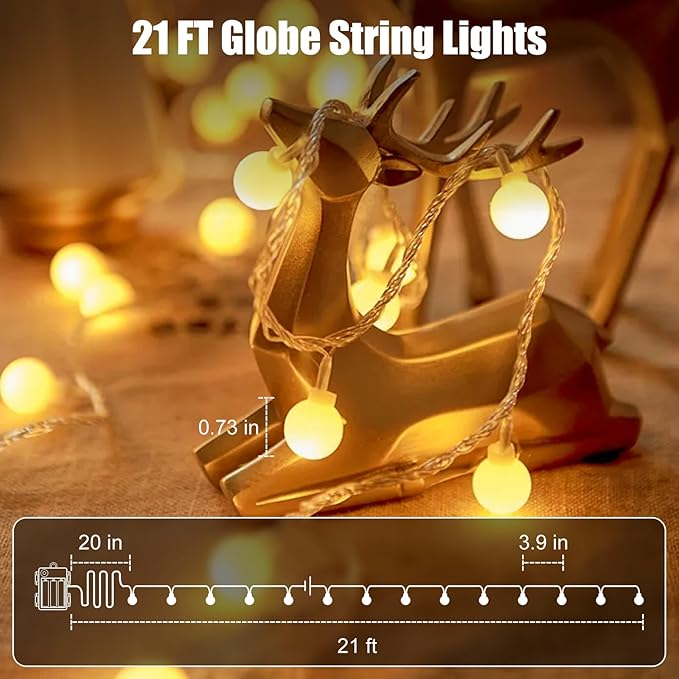 Minetom Battery Operated String Lights, 21FT 60 LED Globe Fairy Lights with Remote, Waterproof Twinkle Lights for Indoor Outdoor Bedroom Classroom Camping Patio Birthday Christmas Decor, Warm White