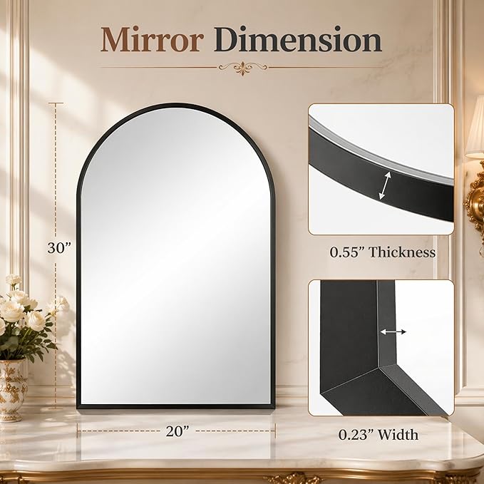 20"x30" Arched Black Bathroom Mirror – Metal Framed with HD Shatter-Proof Glass, Wall-Mounted for Over Sink, Entryway, Living Room, Bedroom