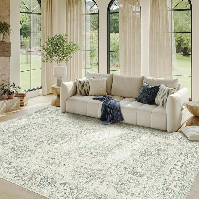 Rugxara 5X7 Washable Area Rug for Living Room, Vintage Large Boho Rugs for Office, Dining Room, Kids Room, Farmhouse, Durable Low Pile Non Slip Carpet for High Traffic Areas, Light Green
