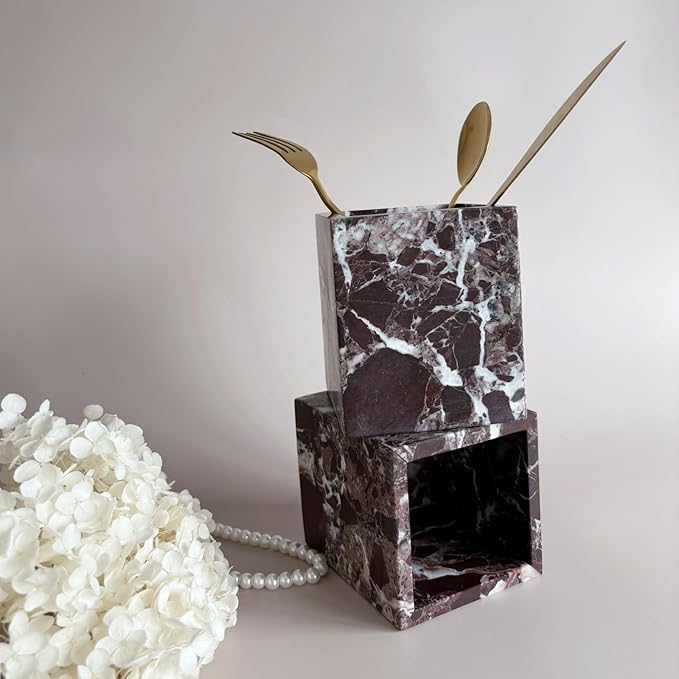 Natural Marble Stone Square Storage Container Empty Vessel Holder Cup for Candle/Pens/Sundries items (Rosa Levanto)
