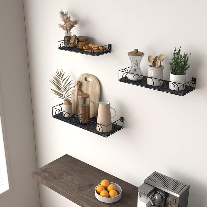 PHAREGE Moon Phase Floating Shelves Black, Set of 3 Small Decorative Wall Shelves for Book Plant Storage, Crystal Figurine Collectibles Display Shelf for Bedroom Kid Room