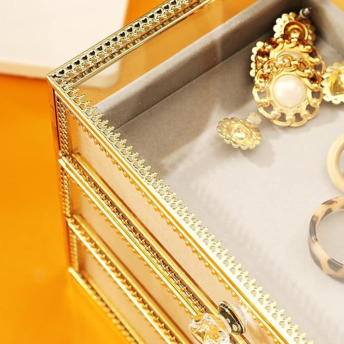 Jewelry storage box Makeup Organizers Glass Jewelry Box European Storage Case for Necklace Earring Ring Craft Containers Best Gifts for Women Jewelry Case ()