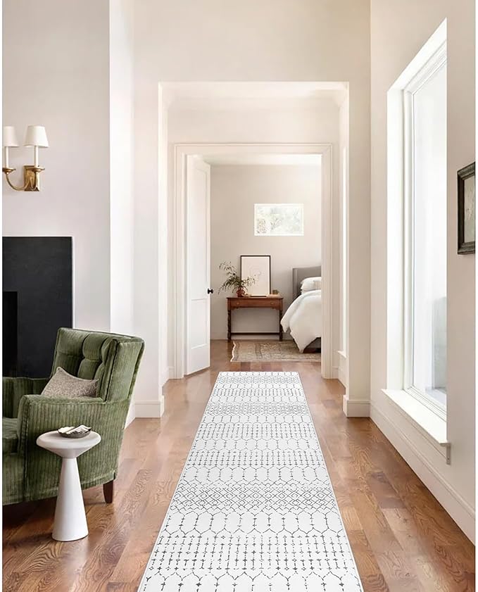 Lahome Moroccan Kitchen Runner Rug - 2x8 Non-Slip Washable Hallway Rug Runner Ultra-Thin Soft Throw Bathroom White Print Distressed Carpet for Entryway Laundry Room Living Room Hana