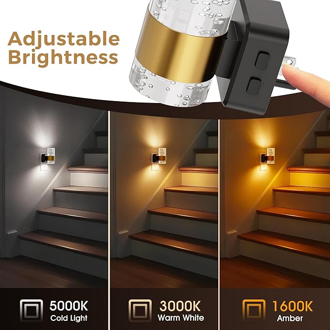 Night Lights Plug into Wall, Dimmable Night Light with Dusk-to-Dawn Light Sensor, Soft White/Cool White/Amber 3 Light Color, Adjustable Brightness, Rotatable plug, Bubble Nightlight for Hallway