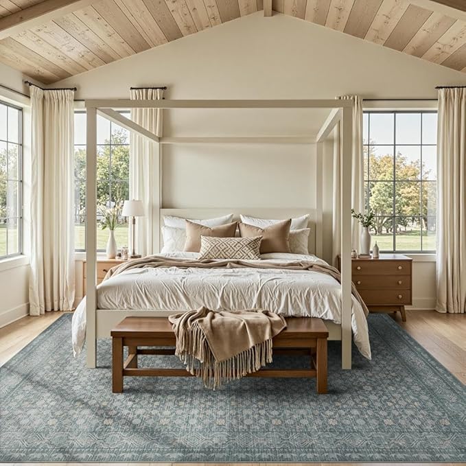 8x10 Washable Area Rug for Living Room, Extra Large Vintage Boho Rugs for Dining Room, Kids Room, Farmhouse, Durable Low Pile Non Slip Carpet for High Traffic Areas, Soft Blue