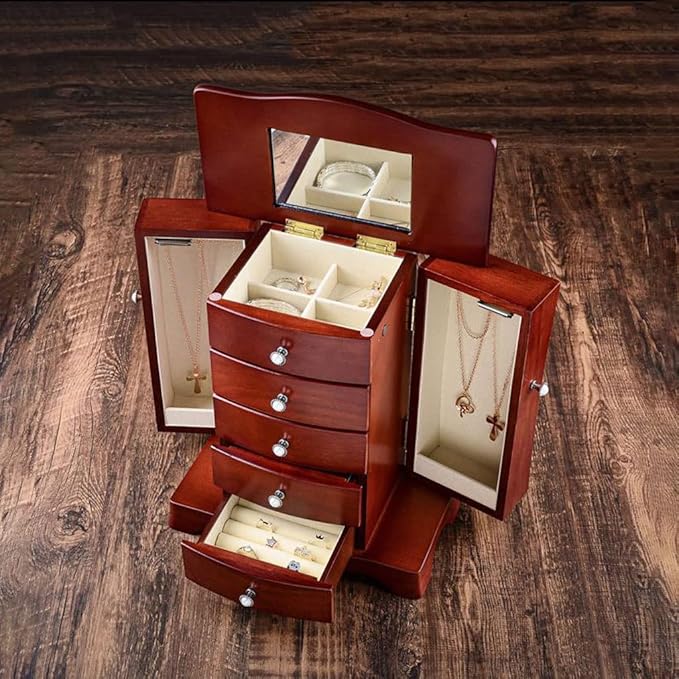Makeup Organizers Wooden Jewelry Box Multi-Layer Drawer Storage Box Ring Earring Necklace Bracelet Watch Small Jewelry Storage Box Retro Jewelry Box 10.23 Inches Jewelry Case