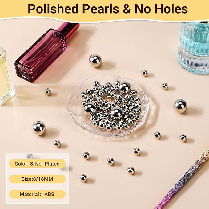 Suream 1300PCS Pearl Beads for Makeup Holder, 8mm/0.31in No Hole Artificial Beads for Vase Filler, Jewelry Making, Table Scatter, Wedding Decoration, DIY Craft Projects, Silver Plated