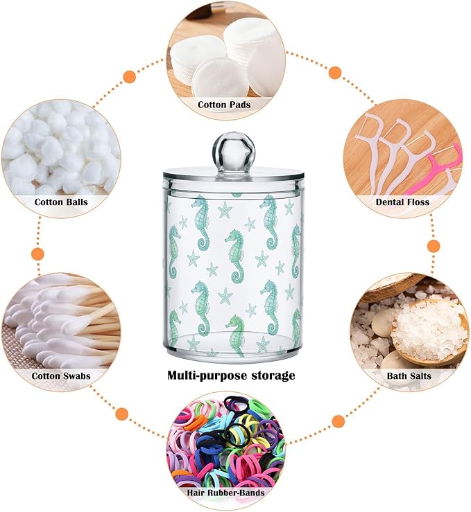 Green Seahorses Starfish Print Bathroom Containers Holder with Lids Set Clear Jars 2 Pack Plastic Makeup Storage Organizer 4.13 x 2.75In for Cotton Swabs Pads Hair Clips