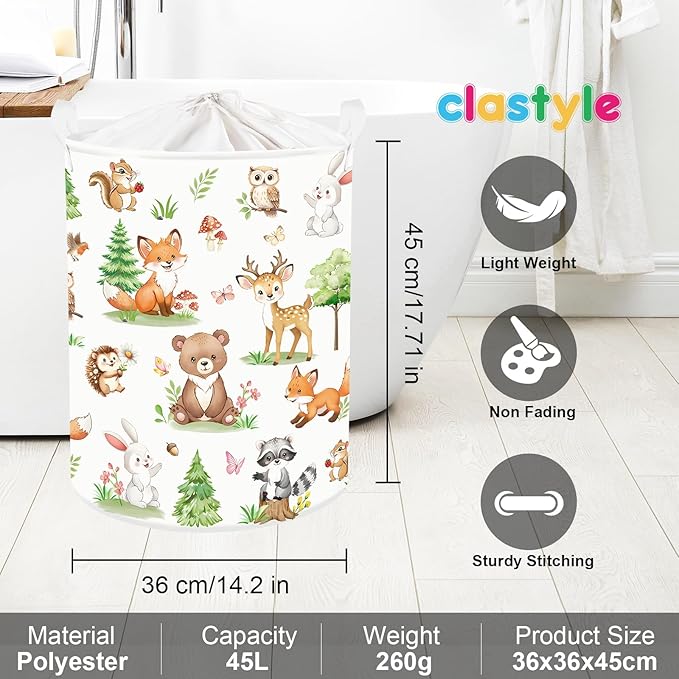 Clastyle Adorable Forest Animal Kids Book Storage Basket Fox Giraffe Clothes Laundry Basket Parents Gift Toy Box for Bedroom Shower, Pine Tree, 36x45 cm