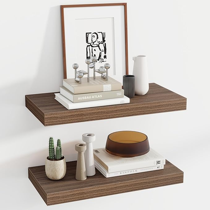 Acovy 24 Inch Floating Shelves, 12 Inch Deep Floating Shelves for Wall, Floating Shelf with Invisible Brackets, Deep Shelves for Bathroom, Bedroom, Living Room, 2 Pack, Walnut