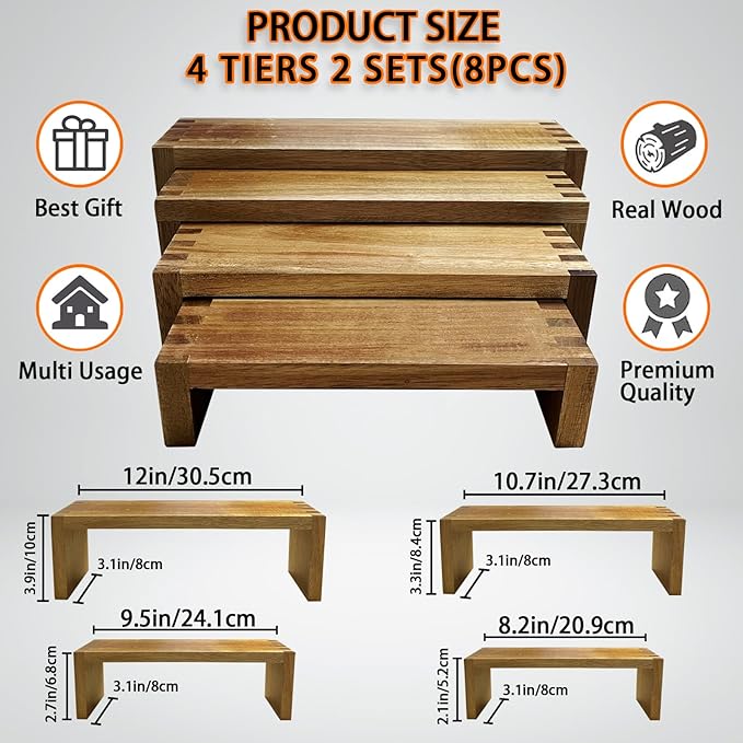 8Pcs Wood Risers Display Stands 2 Set, 4 Tier Rectangular Spice Rack for Food, Desserts, Cup Cake Stand, Large Tiered Shelf Organizer for Perfume, Makeup, Dolls, Collectibles