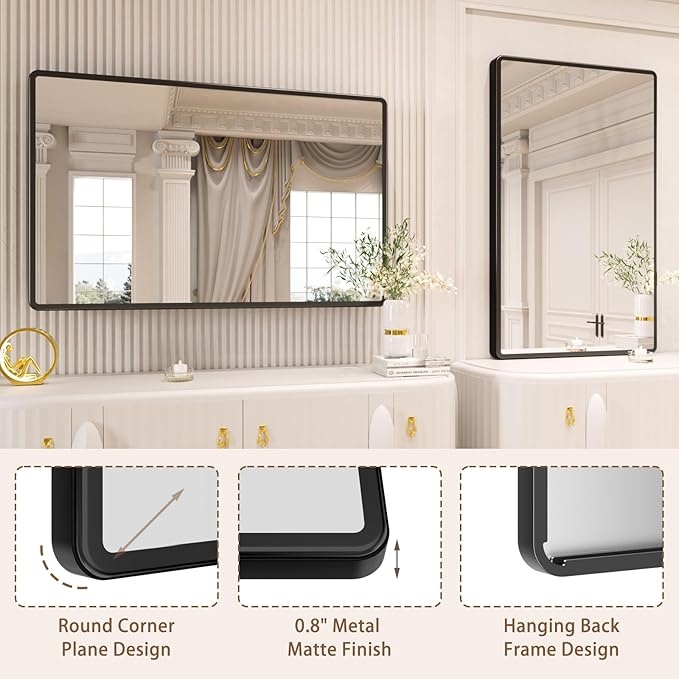 pertetey New Upgrade Bathroom Mirror, 48X30 Inch Black Metal Frame Wall Mounted Rounded Rectangle Bathroom Vanity Mirror with Tempered Glass for Washroom Bedroom Living Room