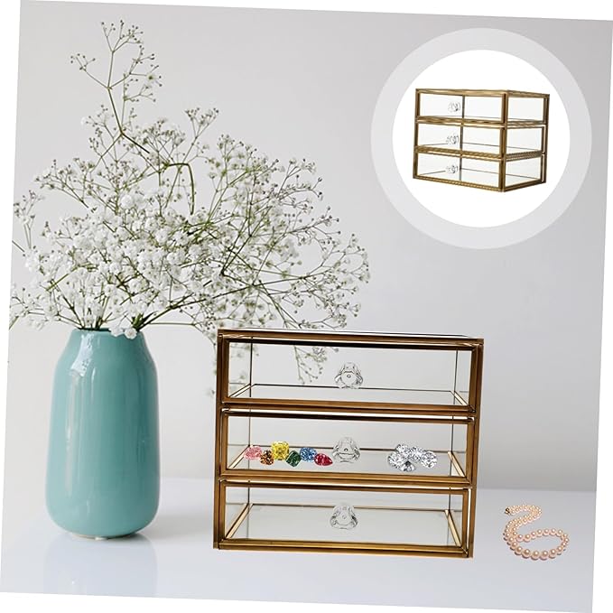 Uonlytech Transparent Glass Jewelry Storage Box with Alloy Frame Large Capacity Desktop Organizer for Cosmetics Lipstick Nail Polish Multipurpose Makeup and Accessories Holder for Home and