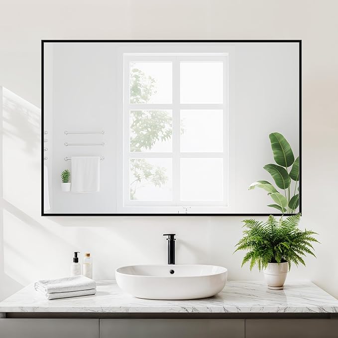 Antok 24x36 Black Metal Framed Bathroom Mirror, Wall Mirror with Rect Corners, Vanity Mirror for Over Sink, Anti-Rust Tempered Glass, Horizontal/Vertical Hanging for Bathroom, Living Room, Entryway