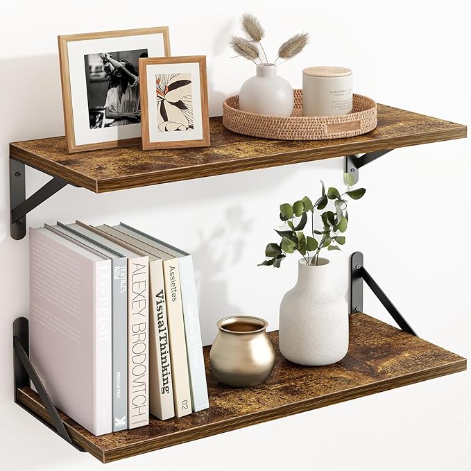 Fixwal Floating Shelves for Wall, 24 Inch Wide x 10 Inch Deep Brown Shelves for Bedroom, Large Wall Shelf for Living Room, Kitchen, Bathroom, Laundry Room and Decor Storage (Set of 2)