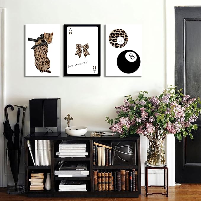 Set of 3 Trendy 8 Ball Leopard Canvas Wall Art Ace Card Bow Wall Decor Pictures Funky Born To Be Lucky Posters Prints Preppy Aesthetic Cheetah Room Decor for Girls Bedroom Apartment Dorm 12x16in