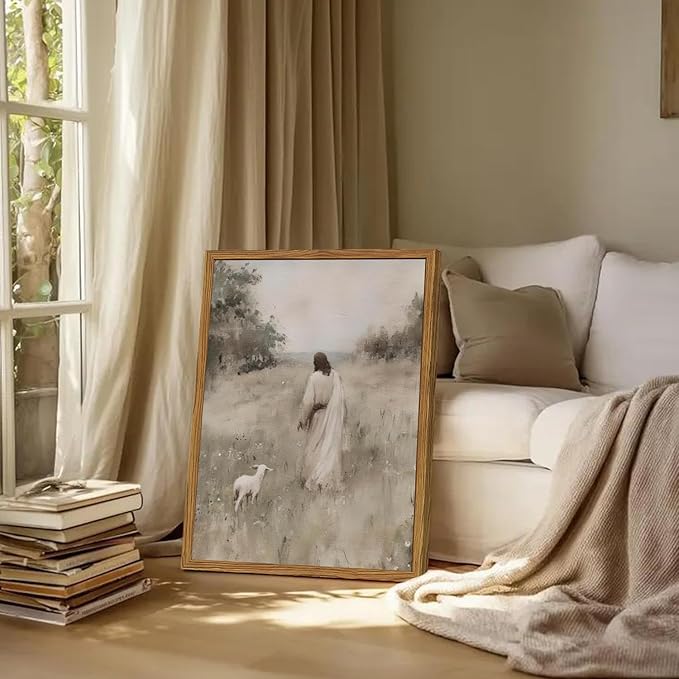 Jesus Leaves The 99 Sheep Wall Art Painting, Vintage Shepherd Christian Wall Decor Lost Lamb Religion Artwork 3D Textured Hand Drawn Sandstone for Living Prayer Room Bedroom 12x16 inch Wood Framed