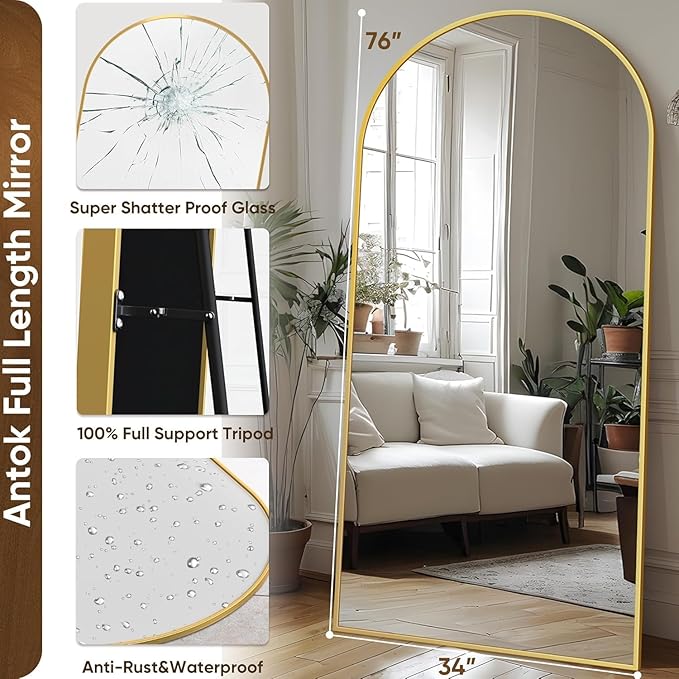 Antok Arched Full Length Mirror, 71"x32" Gold Metal Frame Floor Mirror for Bedroom Living Room, Freestanding/Wall Mount/Leaning