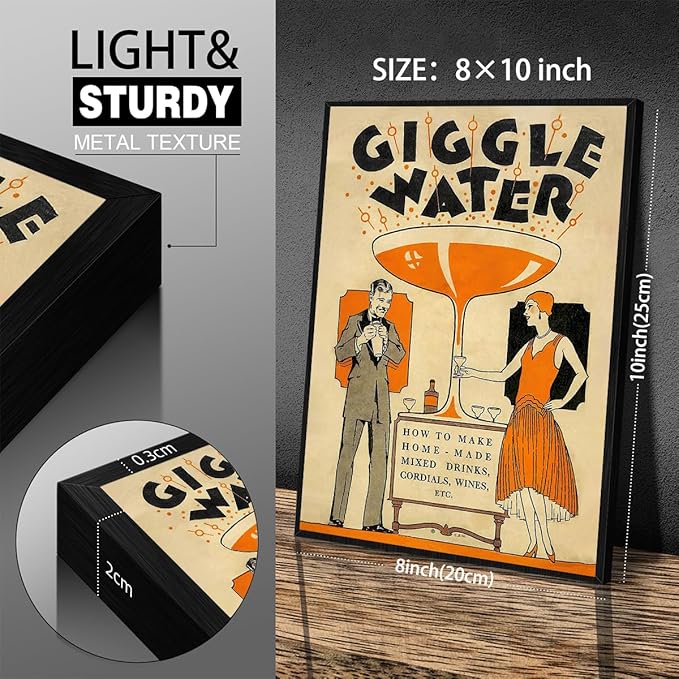Funny Cocktail Wall Art Vintage Trendy Bar Cart Decor Martini Wine Alcohol Drink Wall Decor 08x10 inch Black Framed Giggle Water Canvas Prints for Home Bar Kitchen