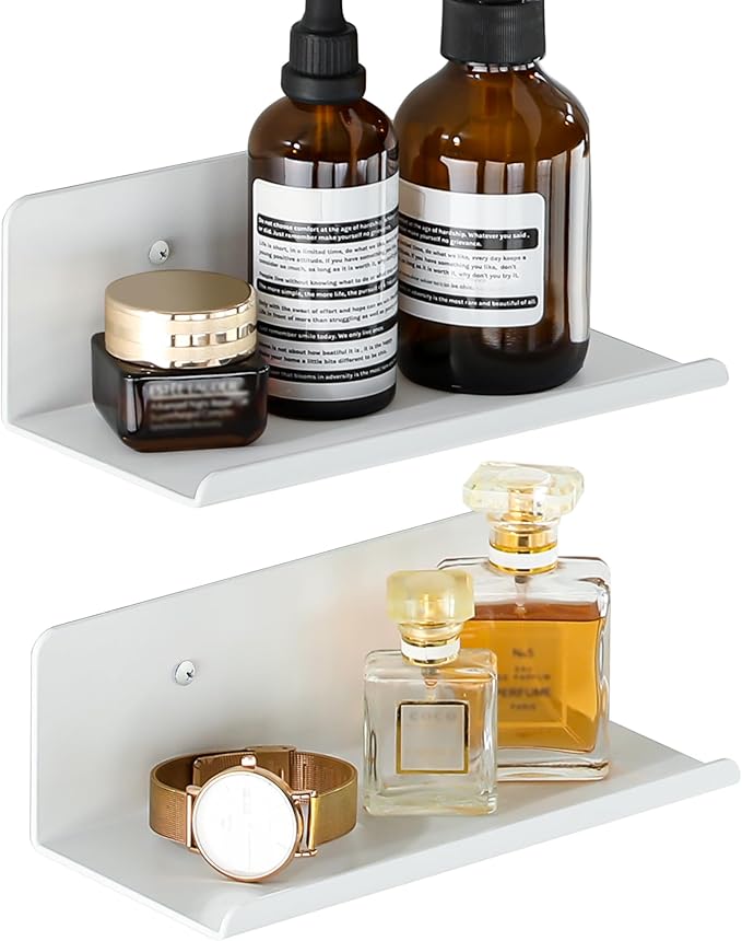 SAYAYO White Floating Shelves for Wall Storage, 8 Inch Screw or Self Adhesive Wall Shelves for Bedroom Decor, Small Display Bathroom Shelf Organizer for Kitchen, Living Room, Office, 2pcs
