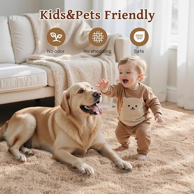 6x9 Living Room Rugs Fluffy Neutral Beige Area Rug,Modern Plush Non-Slip Soft Bedroom Shag Carpet for Book Room Office,Coffee Stain Resistant