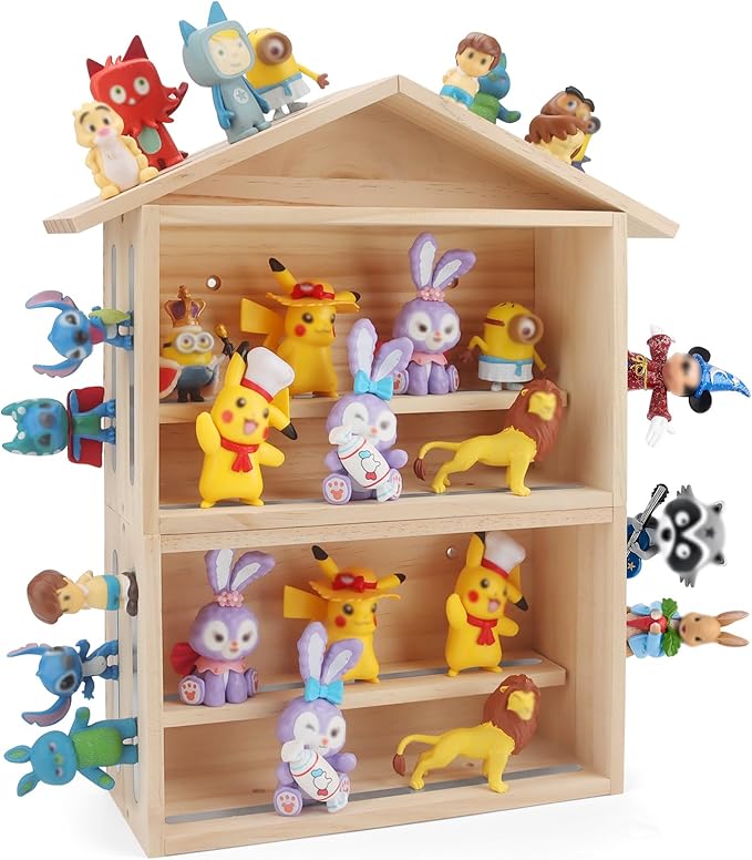 House Wooden Shelf for Tonies Box Storage Magnetic, Compatible with 15~30 Tonies Figures Characters, Combined or Split-Type Design, Wall-Mounted + Tabletop Placement