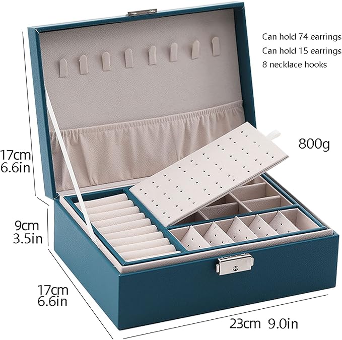 Jewelry storage box Makeup Organizers Jewelry Box,Jewelry Box for Women Large Leather Jewelry Organizer Two Layers with Lock Display for Earrings Bracelets Rings Watches Jewelry Case (B)